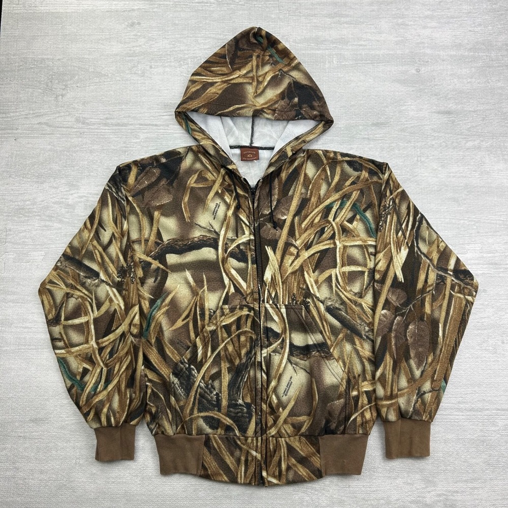 Vintage 80s Ace Wetlands Camo Sweatshirt Size Large Brown Full Zip Hoodie Grunge